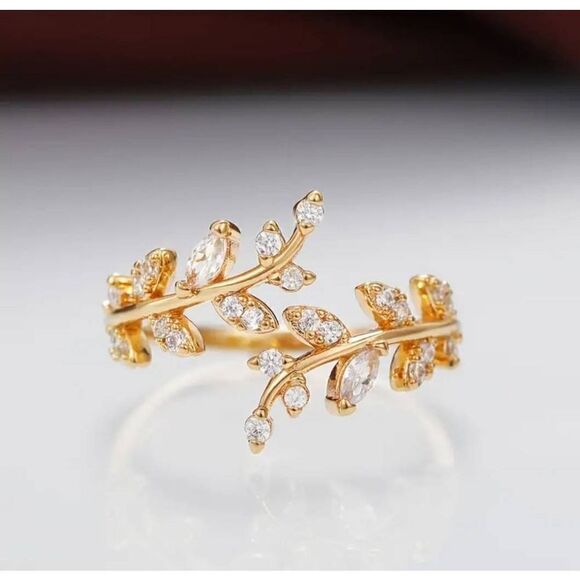 Elegant Finger Ring Leaf Shape With Zircon Adjustable Open Cuff Ring Delicate Fo - Picture 5 of 10